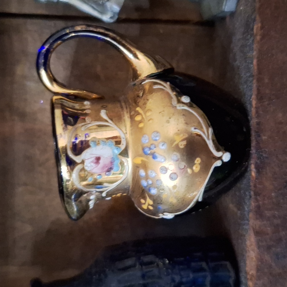 Vintage Gold and Blue Cobalt Glass Miniature Pitcher